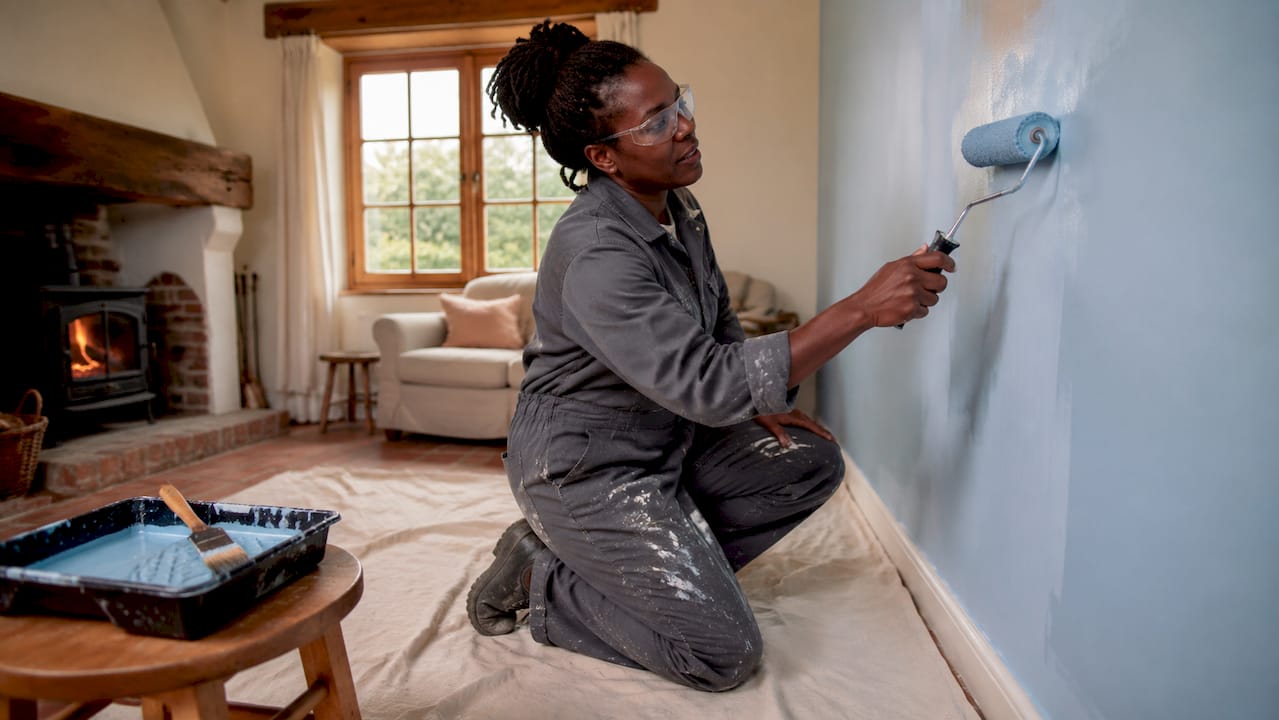 Professional decorator painting living room wall