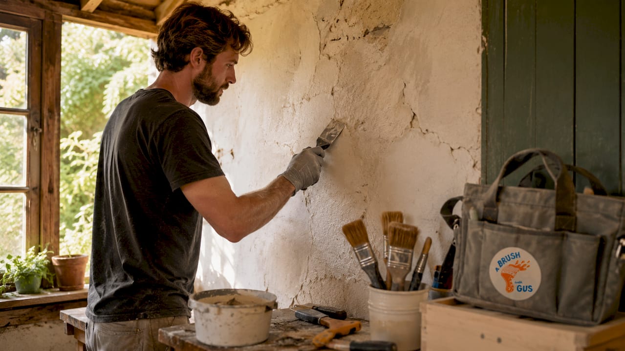 Decorator preparing wall surface with tools