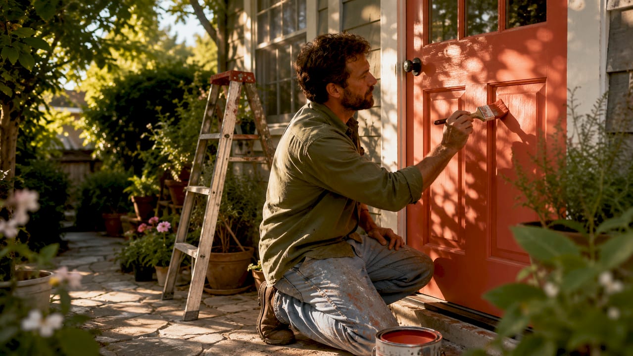 Painter updating front door exterior