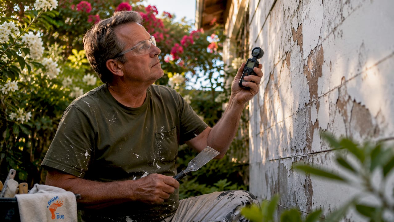 Painter inspecting faded exterior wall outdoors