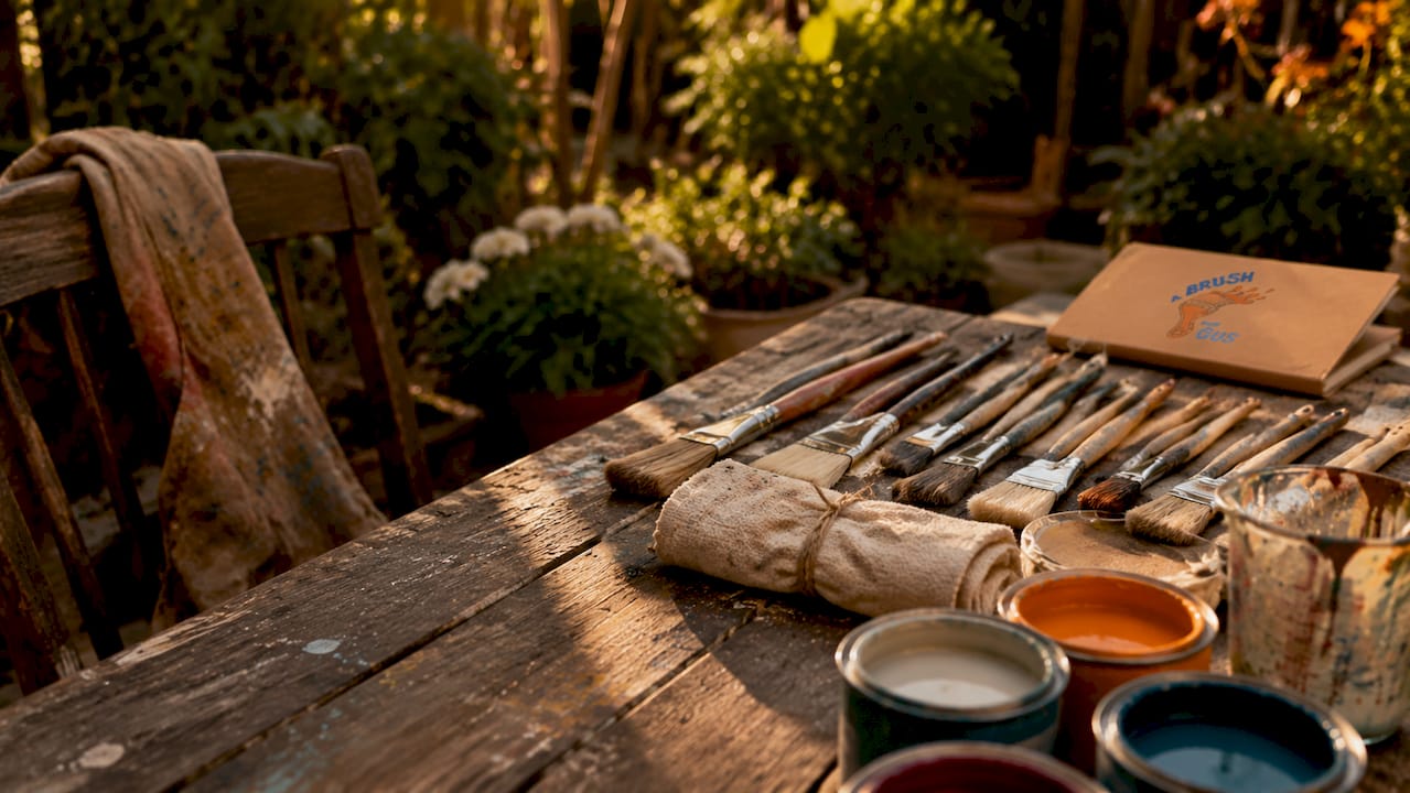 Close-up of assorted paintbrushes and painting supplies