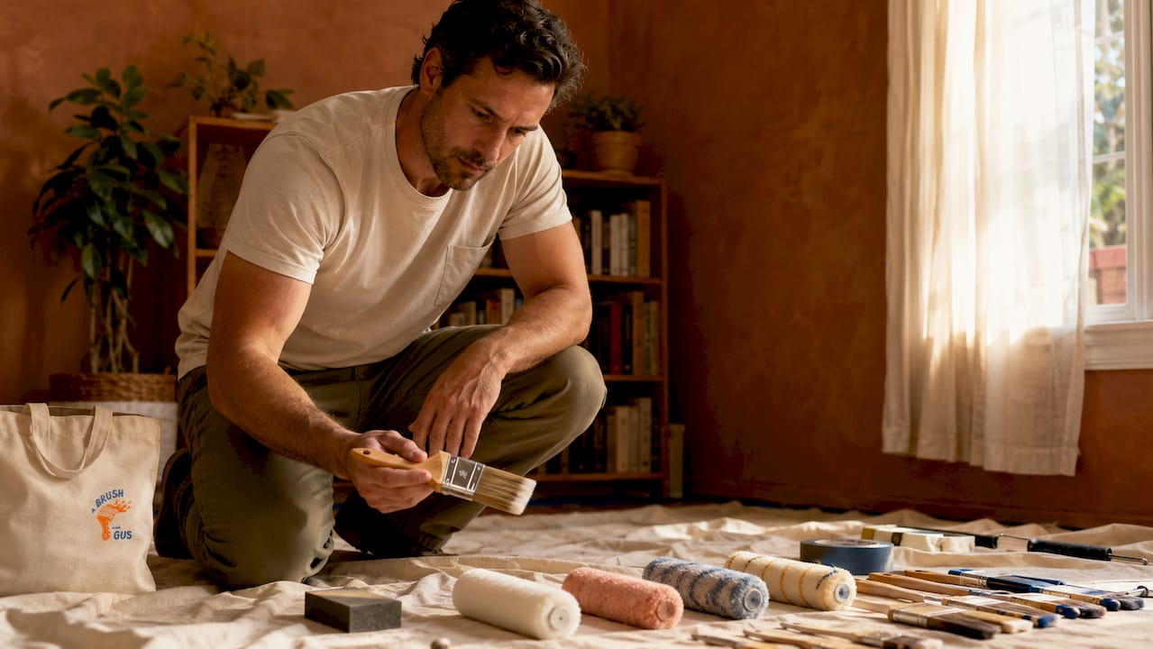 Homeowner sorting painting tools indoors