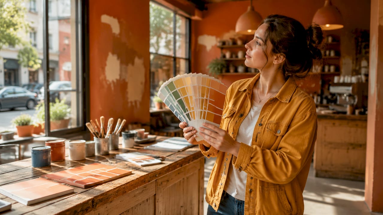 Decorator inspecting commercial lobby interior