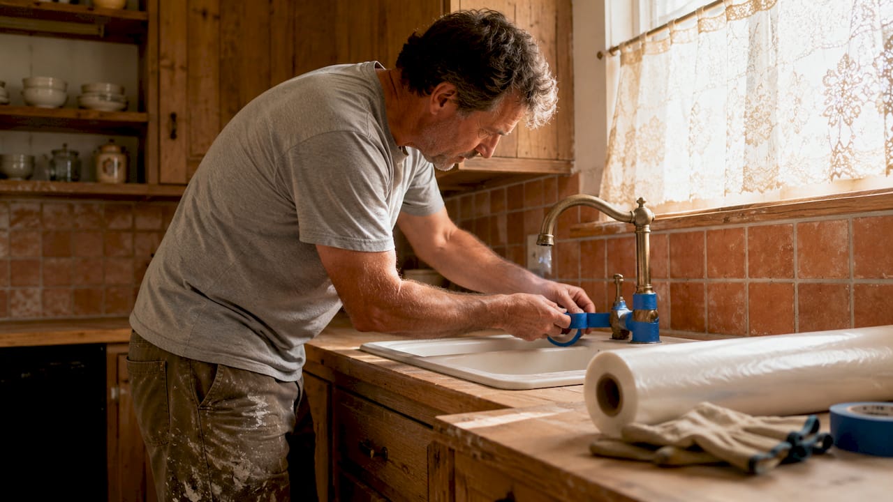 Painter taping plastic sheeting around kitchen sink fixtures