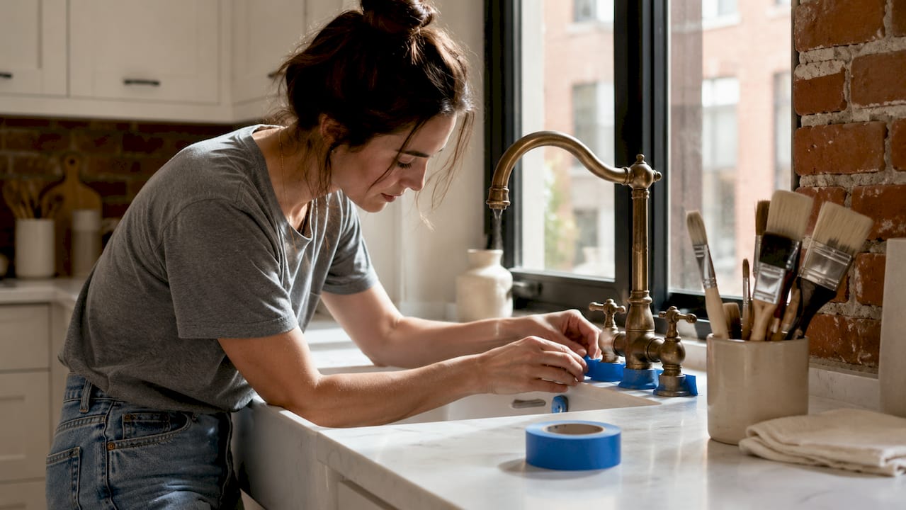 Close-up of hands taping kitchen tap for protection