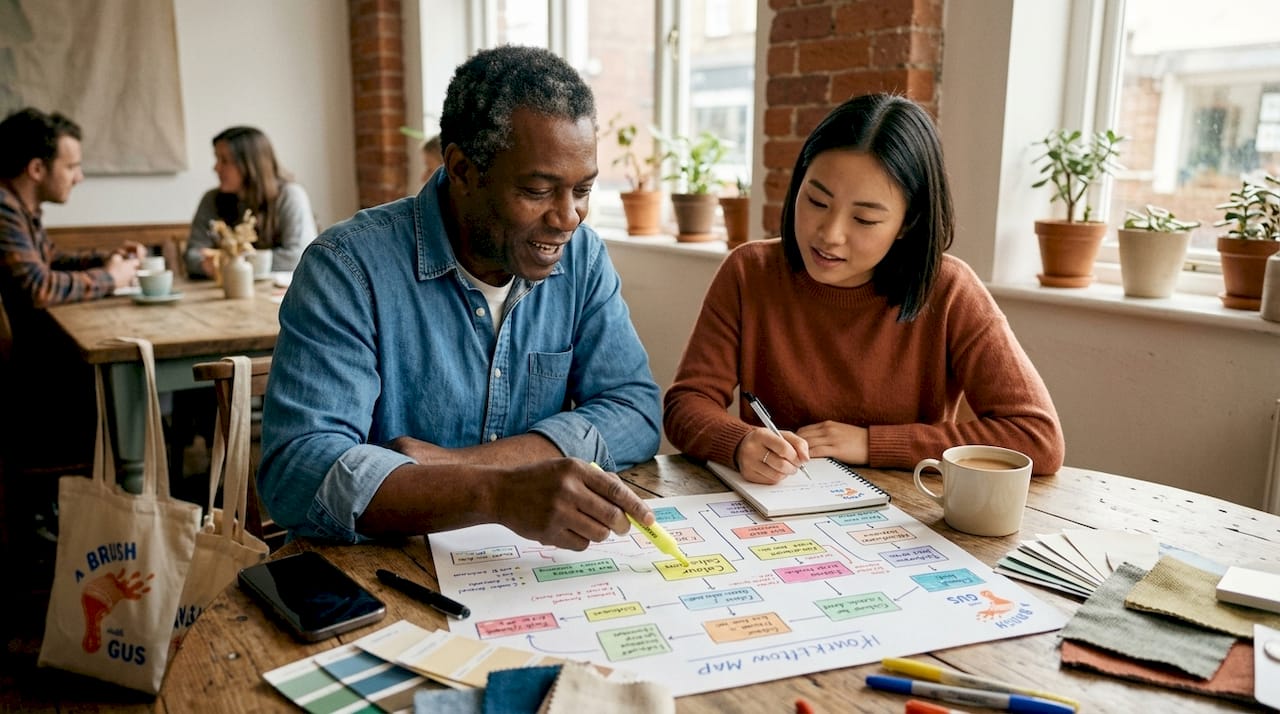Two decorators collaborating on workflow map at table
