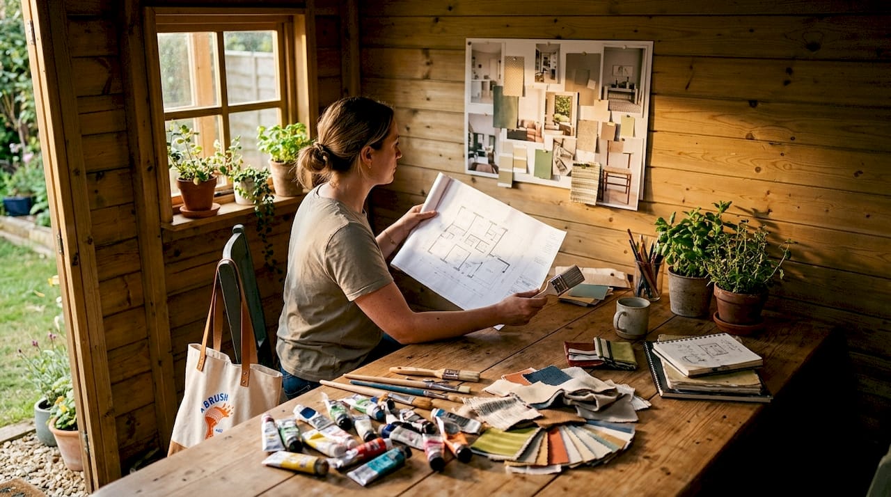 Decorator reviewing project plans in bright studio