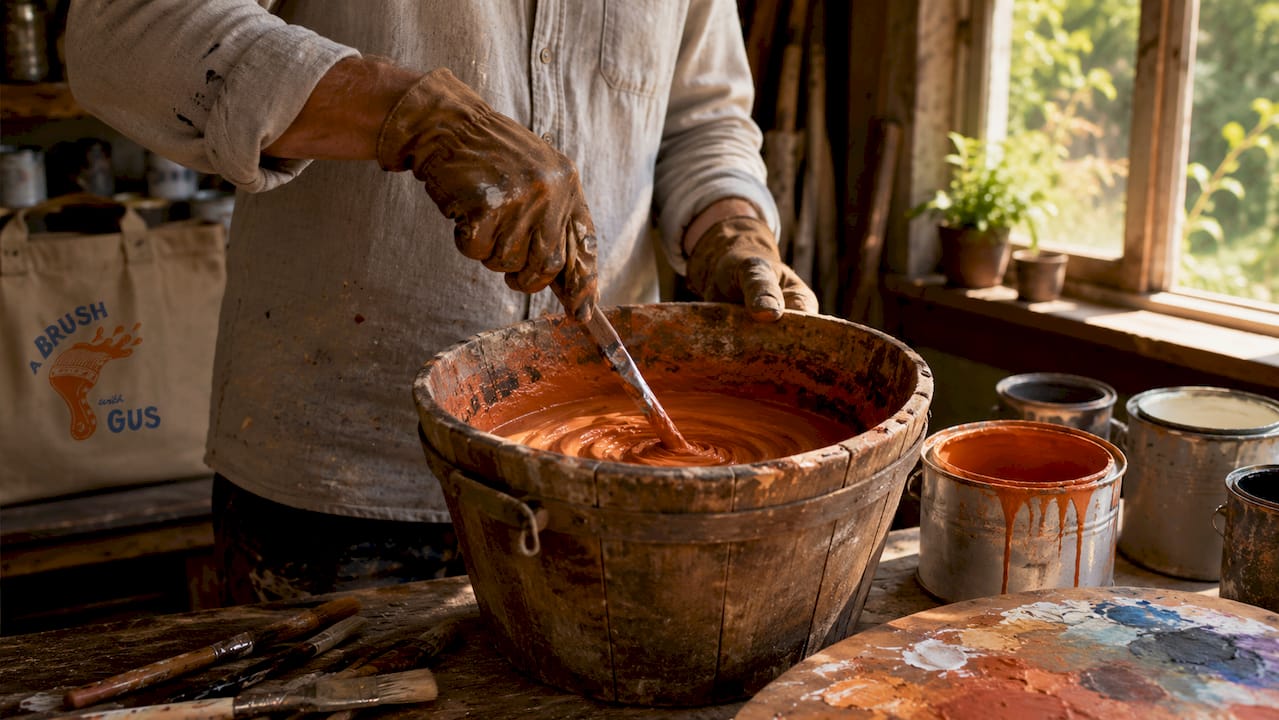 Hands mixing durable acrylic paint in bucket