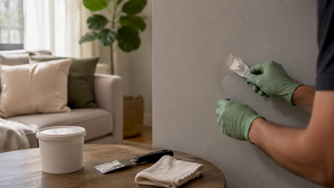 Hands applying filler to wall crack