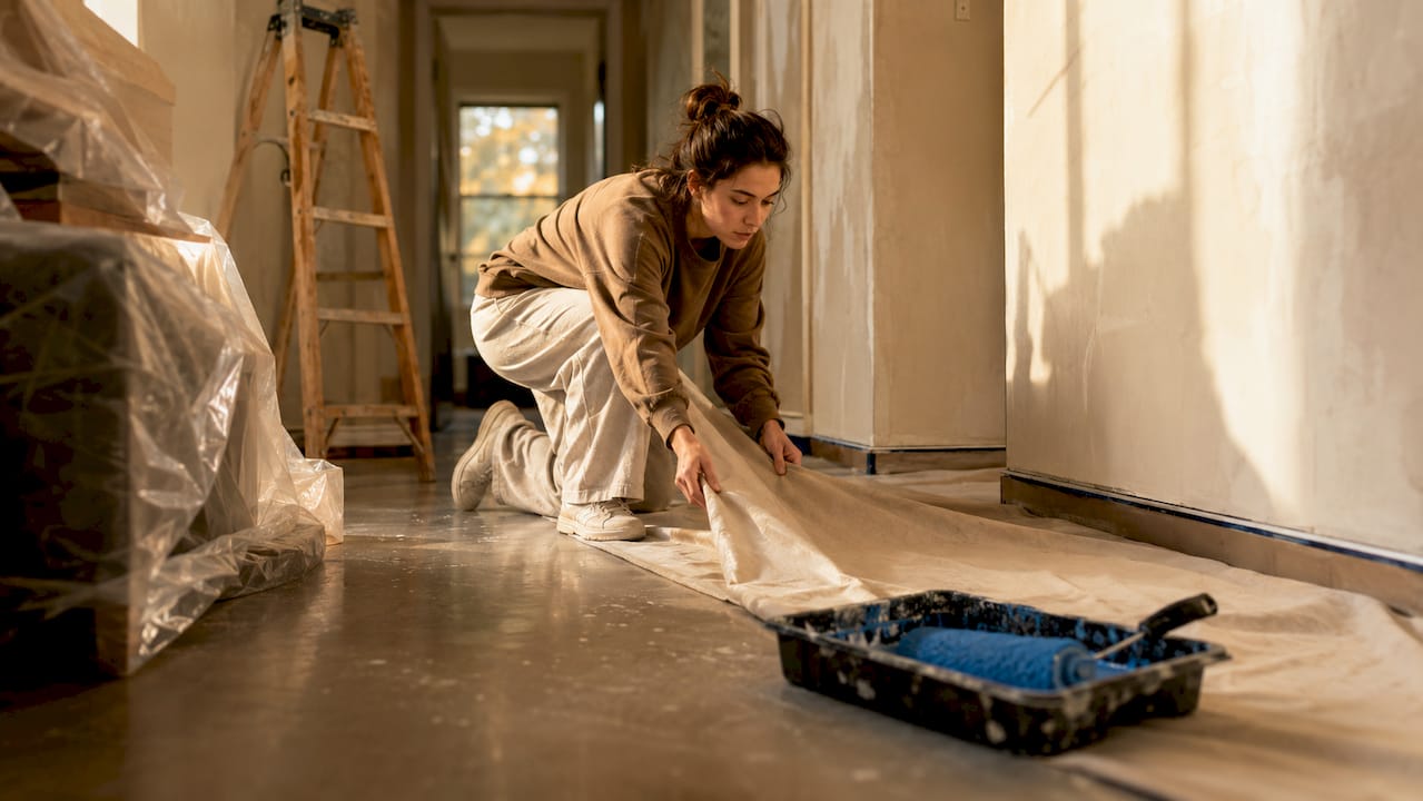 Young woman preparing walls for painting