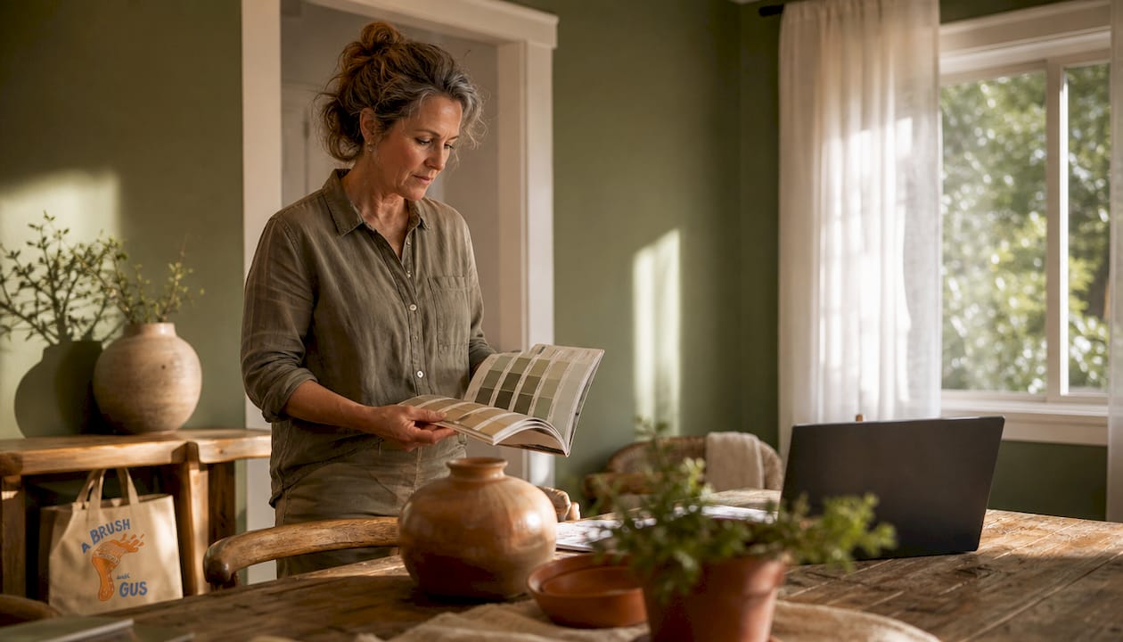 Homeowner reviewing eco-friendly paint brochure indoors