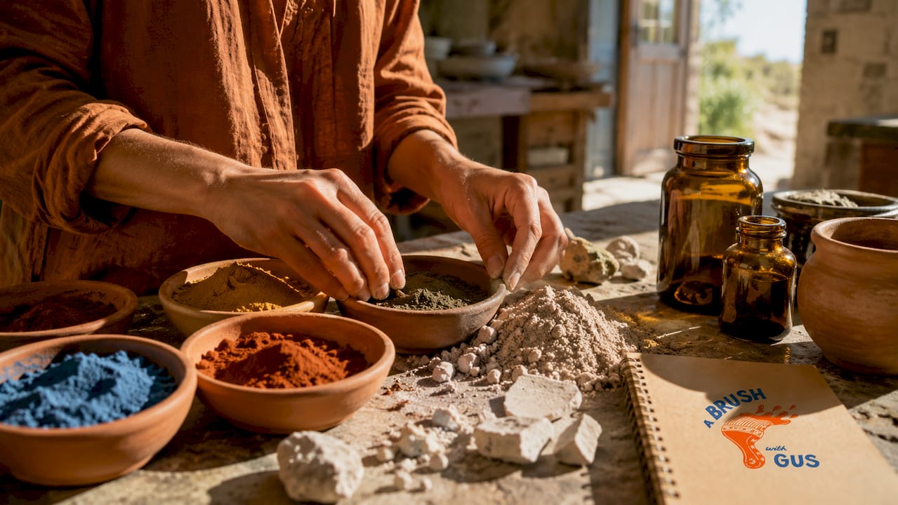 Close-up of natural paint ingredients in hands