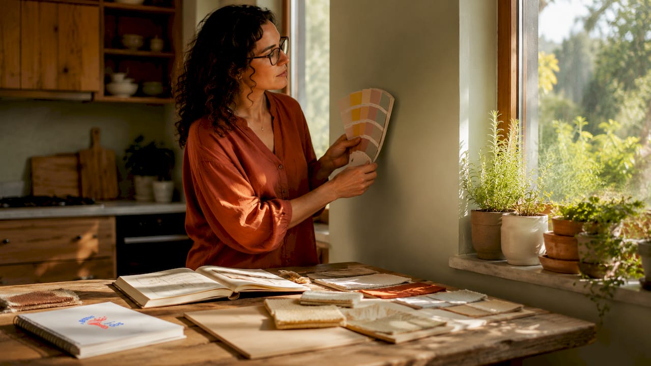 Interior designer comparing paint colours in living room