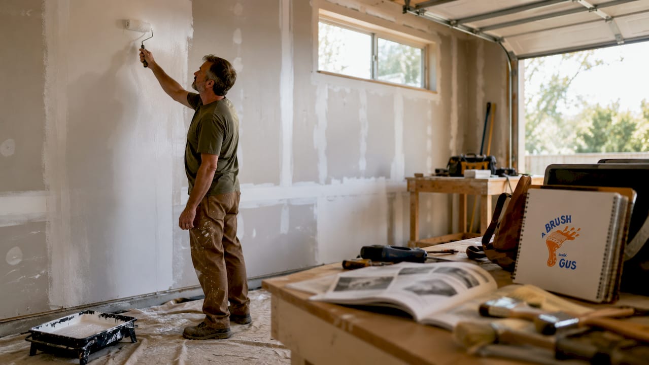 Homeowner applying primer to drywall wall