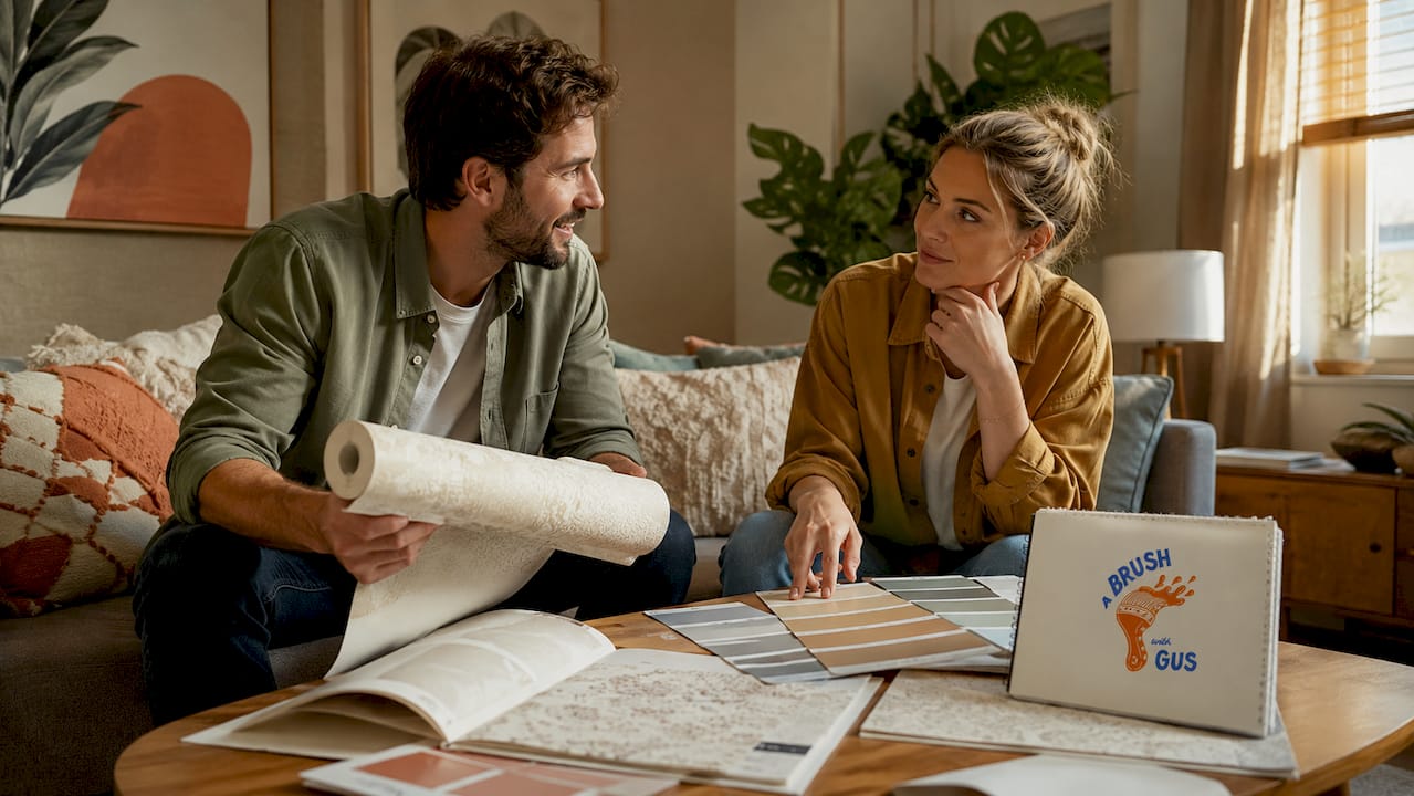 Young couple reviewing paint samples in rental kitchen