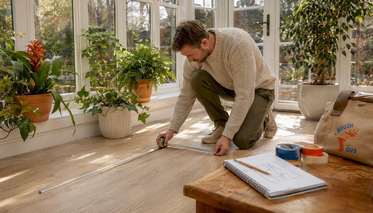 Hands measuring living room floor with tape measure