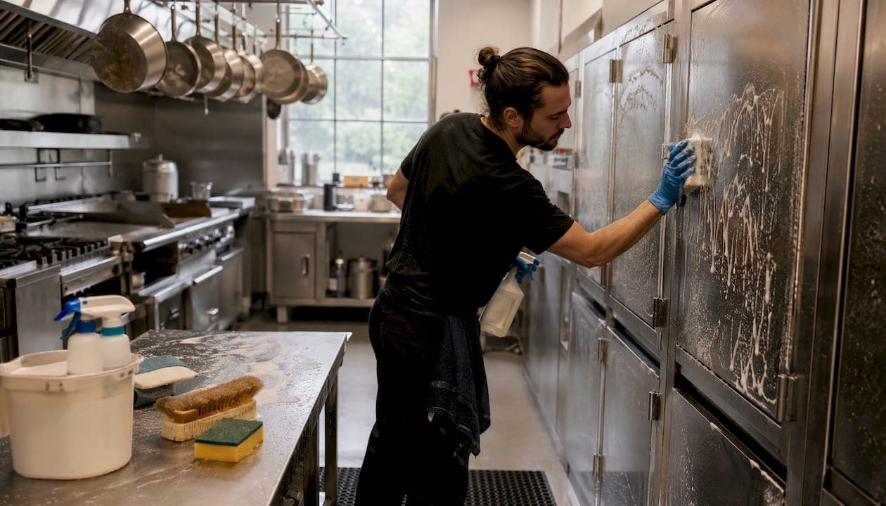 Hands applying degreaser on cabinet door surface