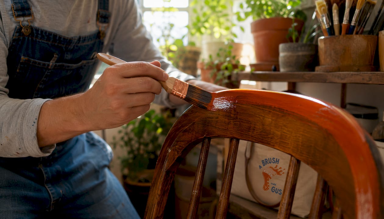 Close-up of hands applying gloss paint on wood