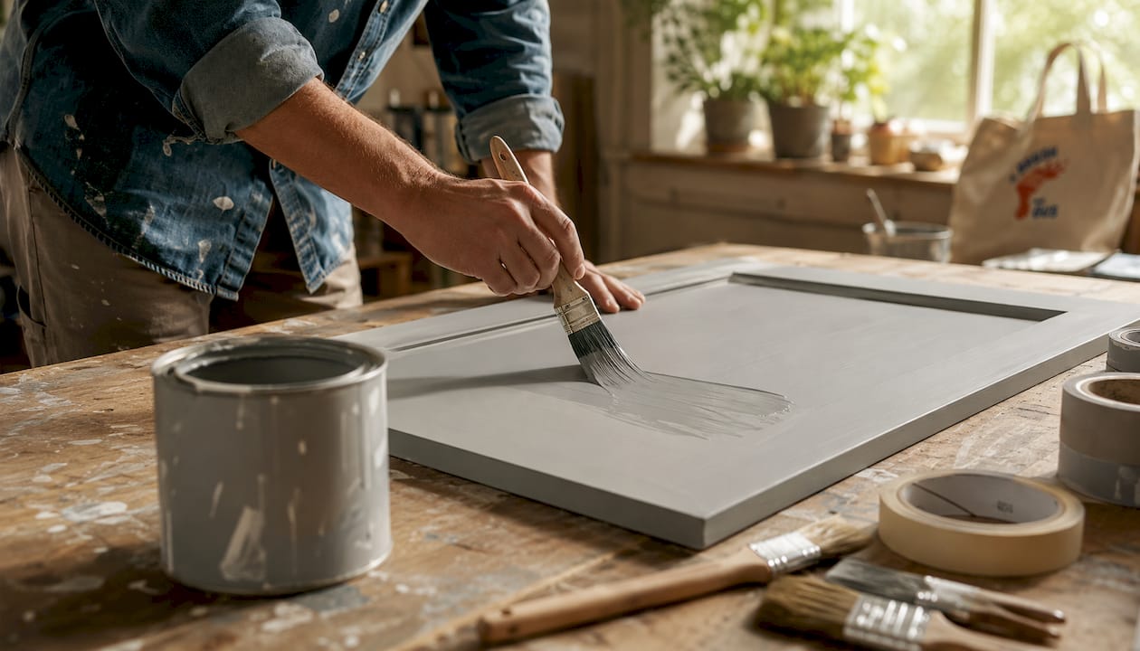 Hands painting MDF cabinet door white