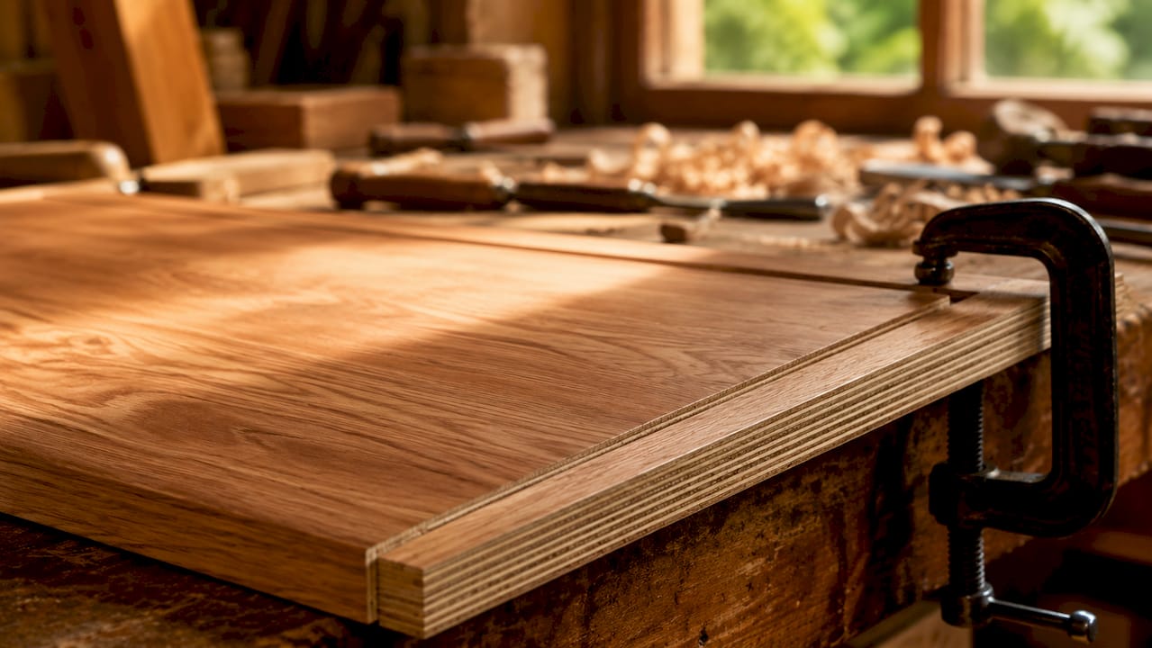 Close-up of wood veneer cabinet edge
