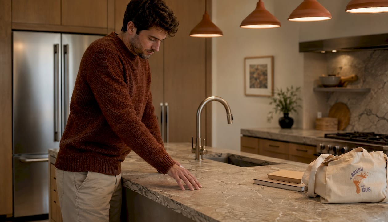 Homeowner inspecting granite kitchen countertop