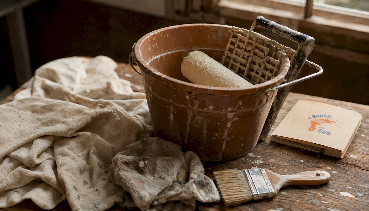 Painter's tools and bucket with roller grid