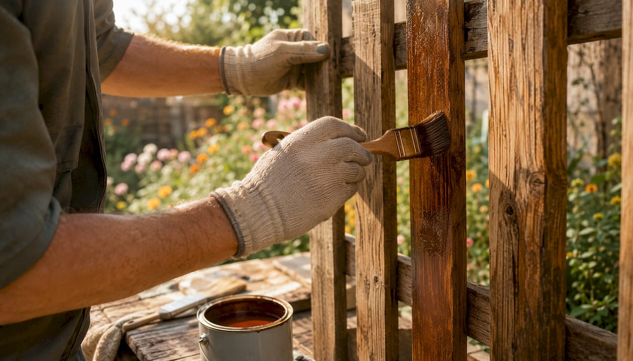 Hands brushing translucent woodstain on timber fence
