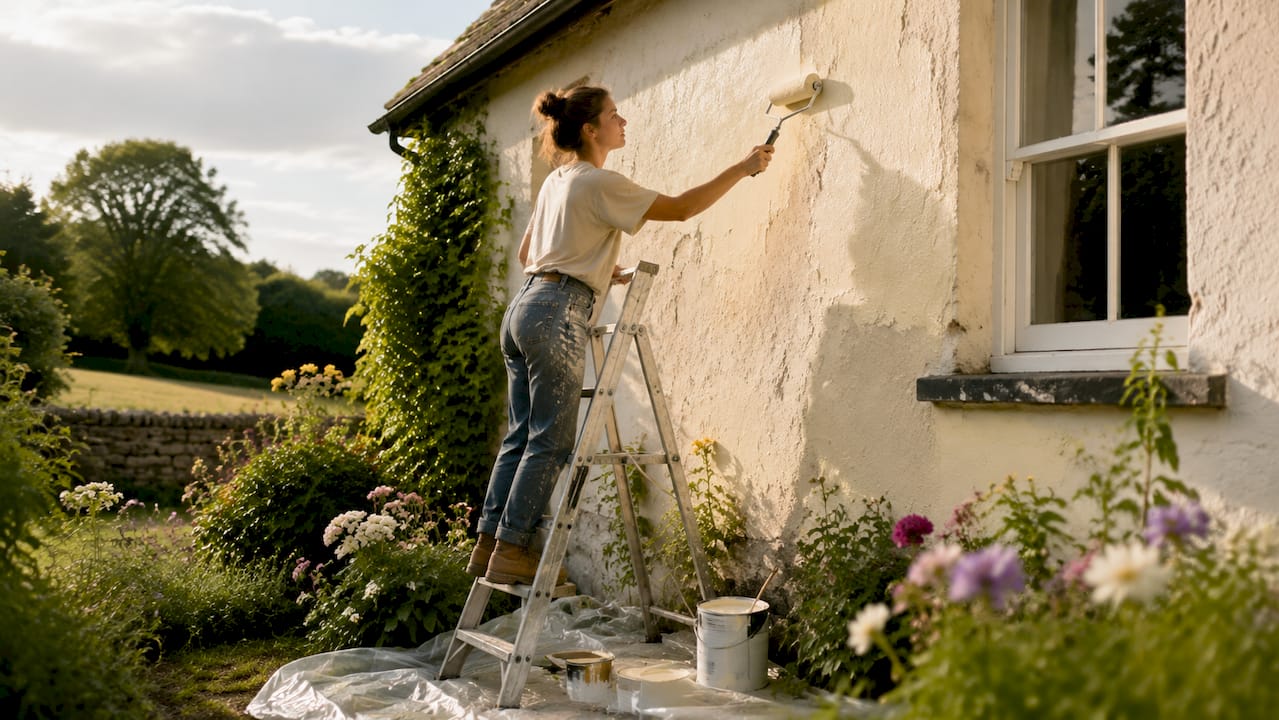 Woman rolling masonry paint on smooth render wall