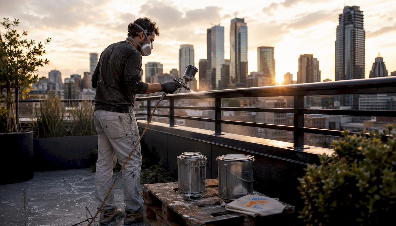 Painter applying two-pack paint outdoors
