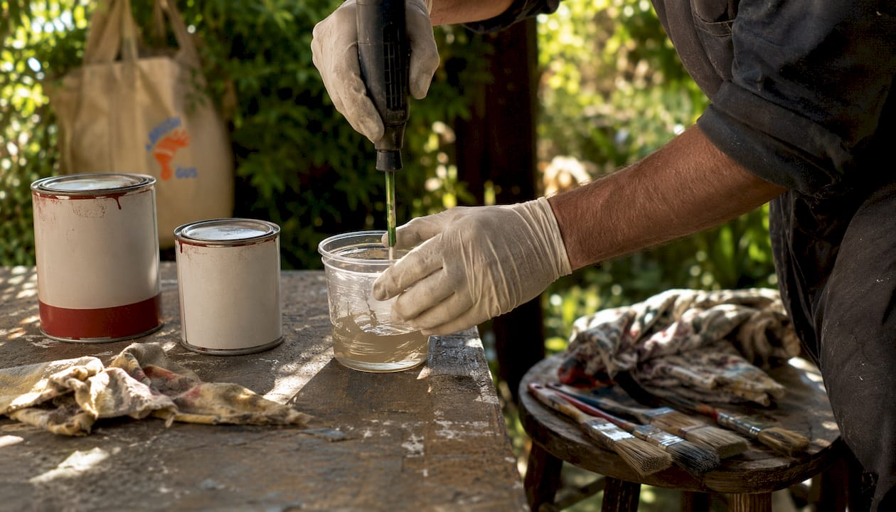 Hands mixing two-pack paint components at workspace