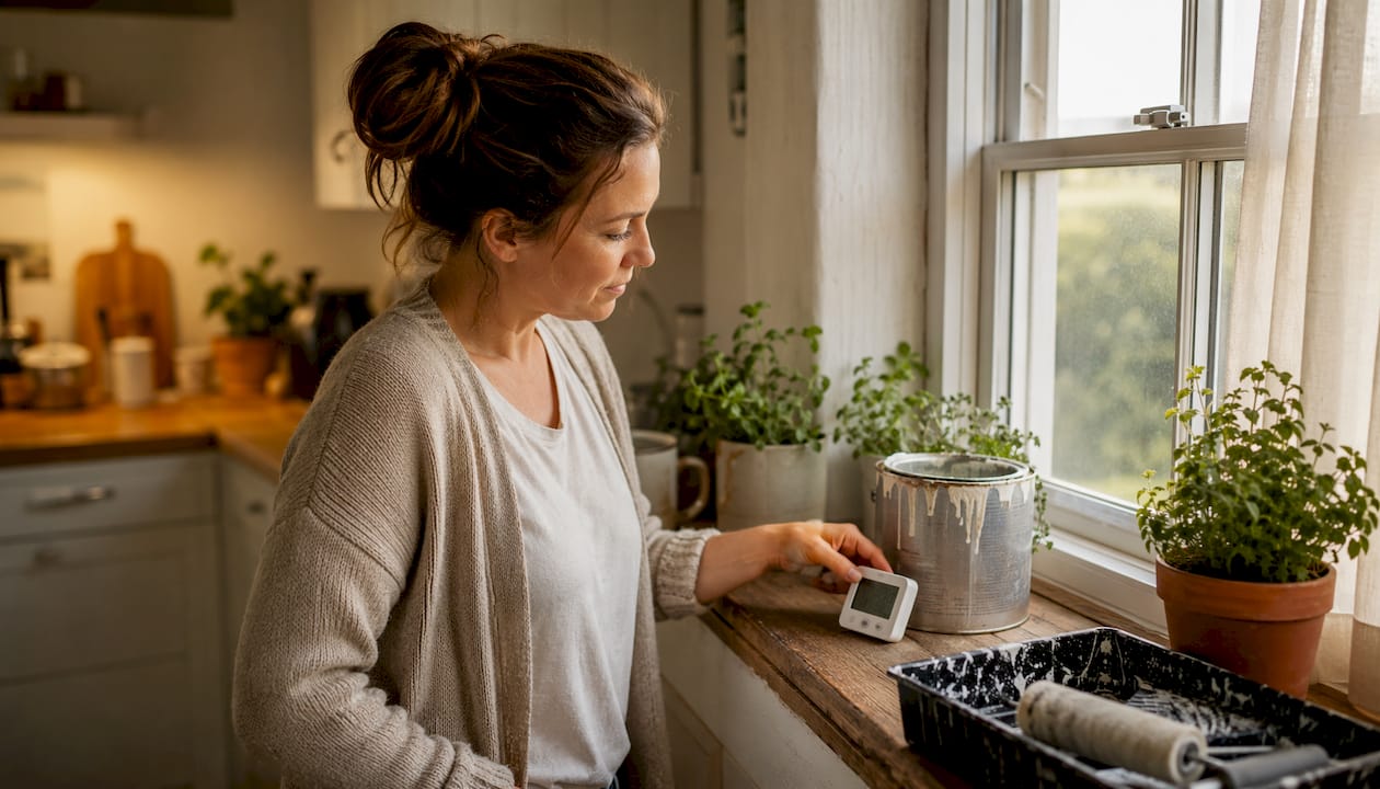 Woman checking humidity with hygrometer indoors