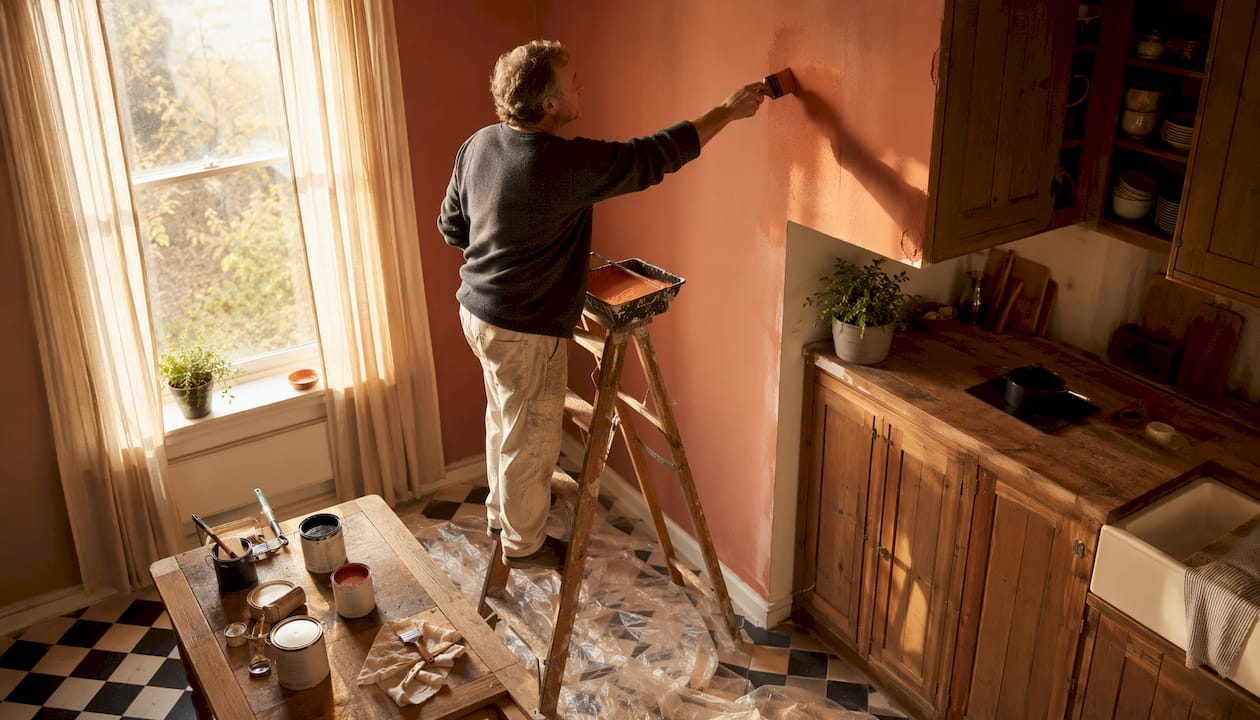 Homeowner painting interior wall in UK home