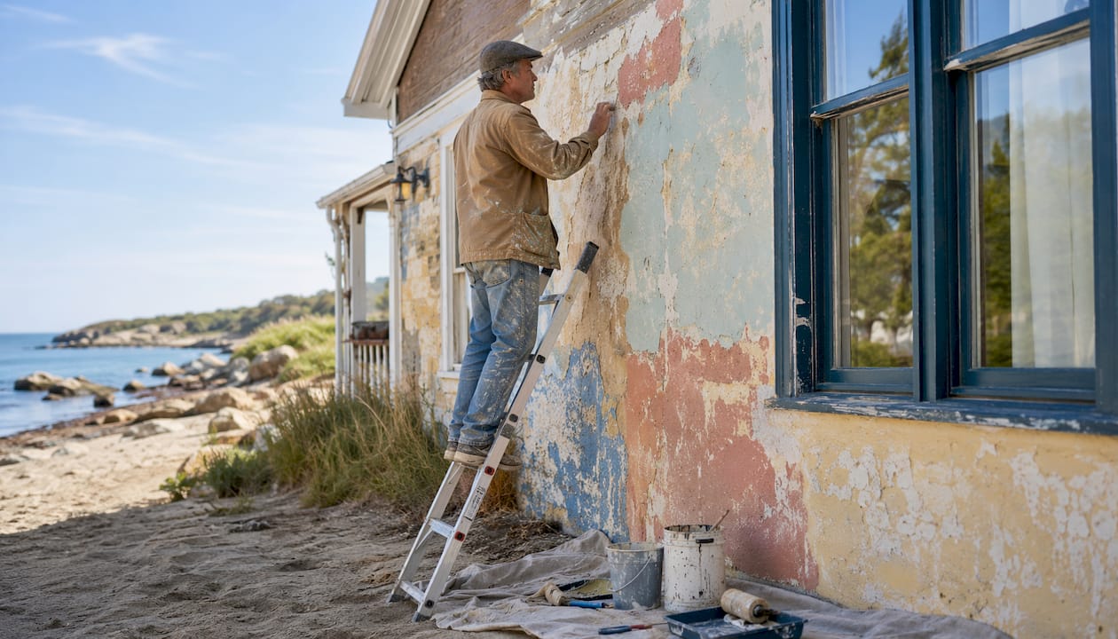 Painter inspecting exterior house paint