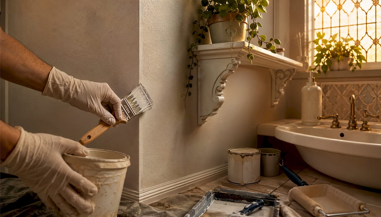 Painter applying mildew-resistant bathroom paint