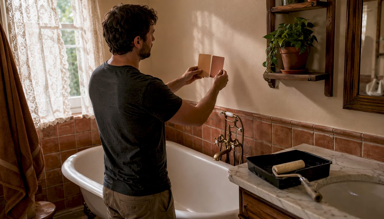 Homeowner comparing bathroom paint samples