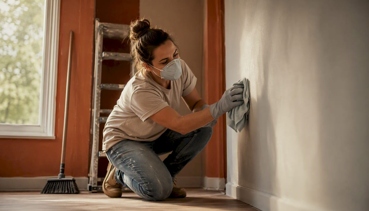 Woman cleaning dust from sanded wall