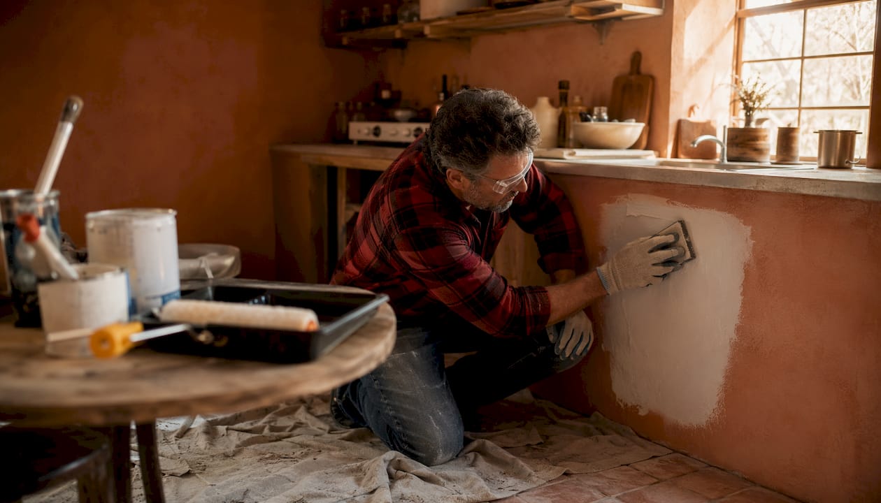 Man sanding wall repair before painting