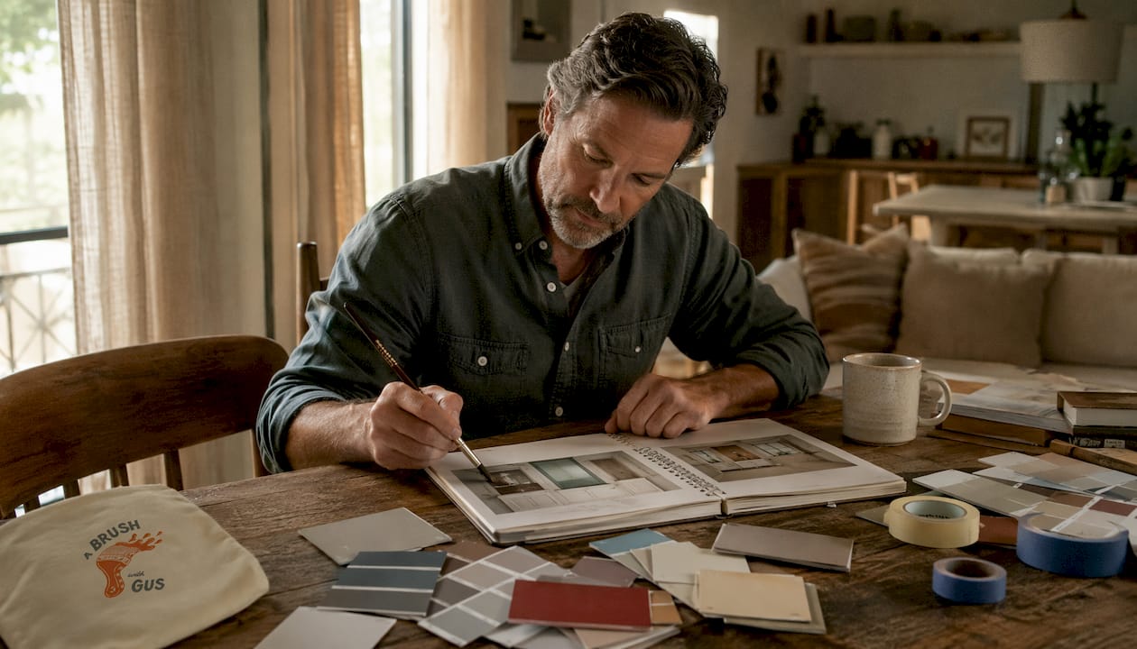 Homeowner planning room painting at kitchen table