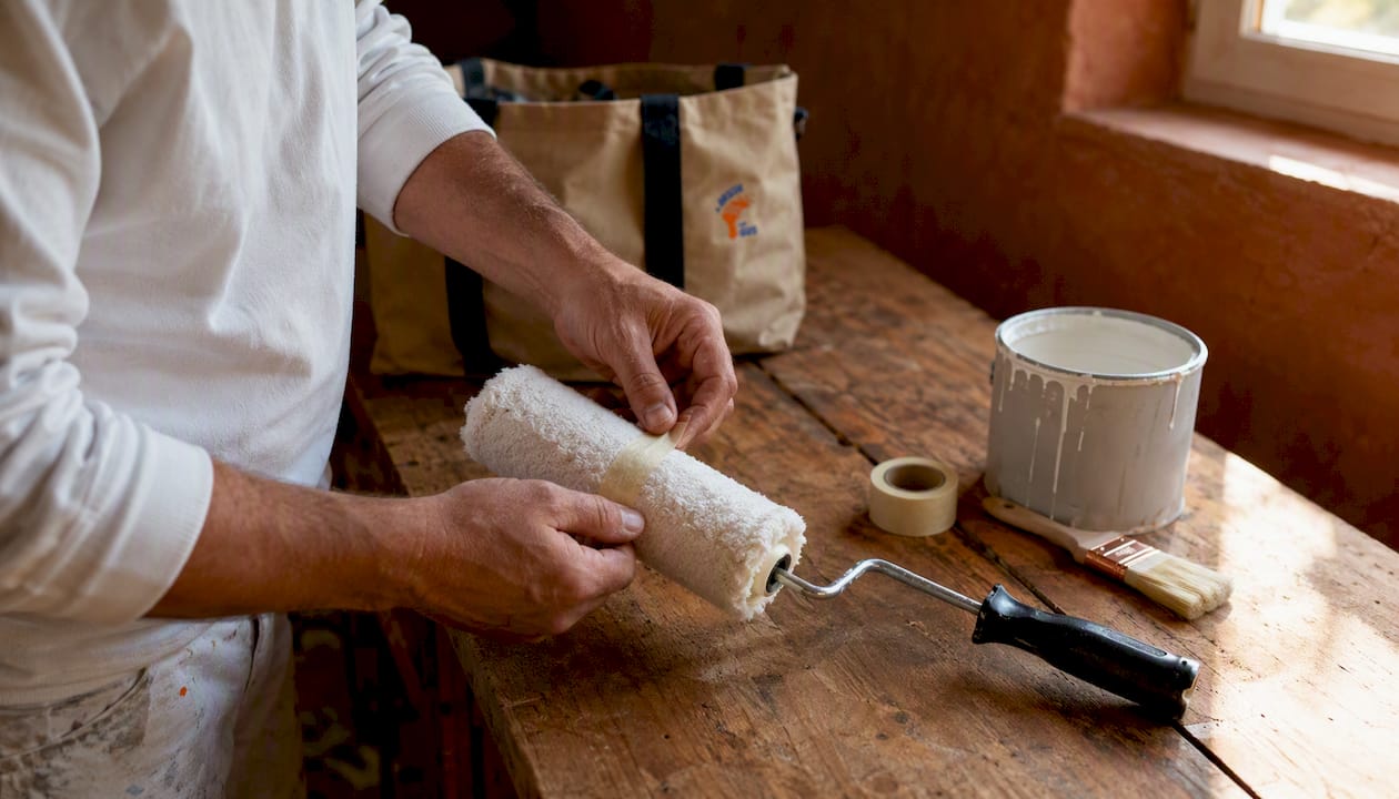 Hands wrapping masking tape on paint roller sleeve