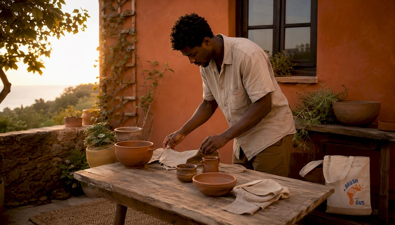Man arranging decor on earthy palette dining table