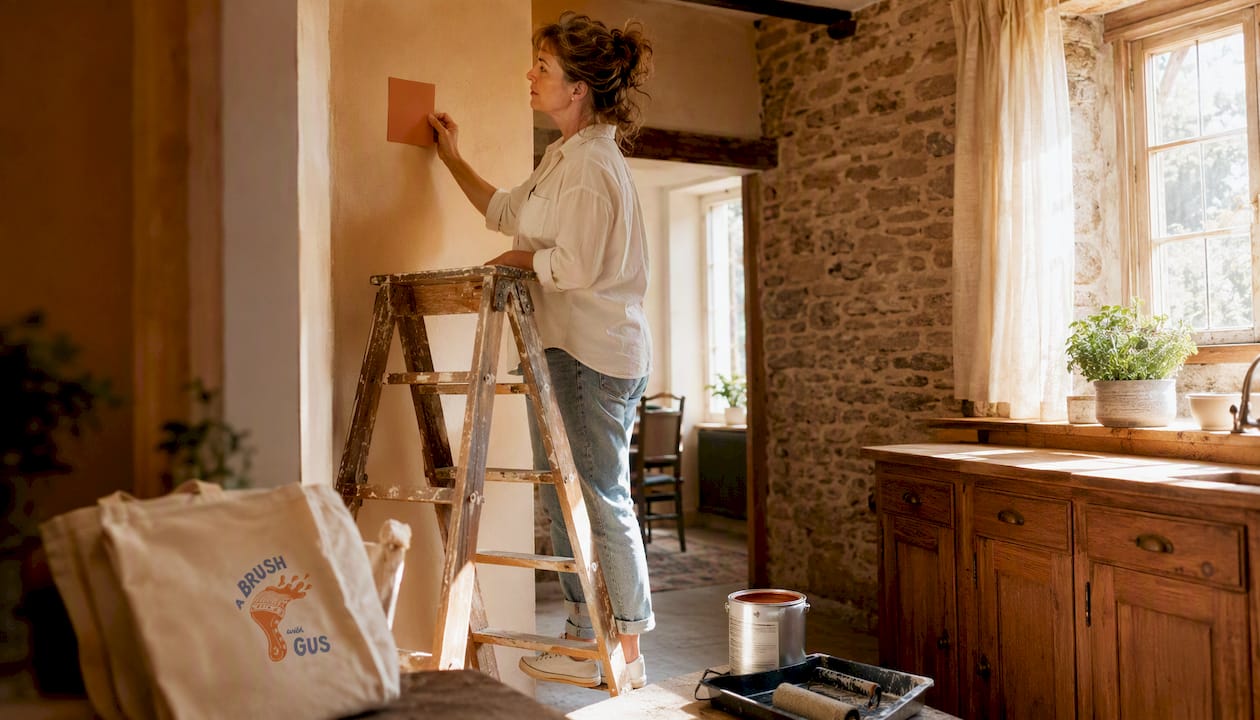 Woman testing terracotta paint on wall