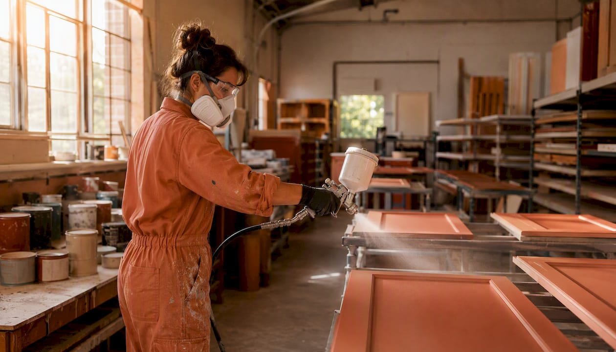 Technician spraying kitchen cabinet door in workshop