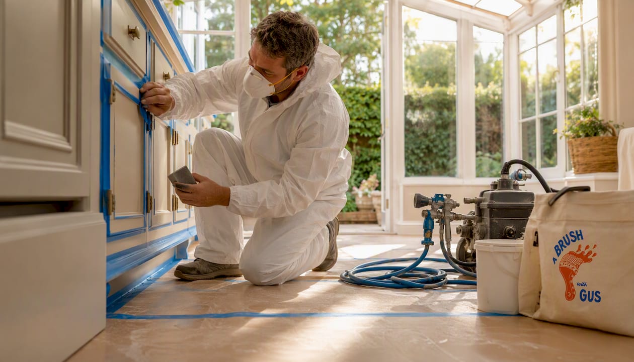 Contractor prepping kitchen cabinets for spraying