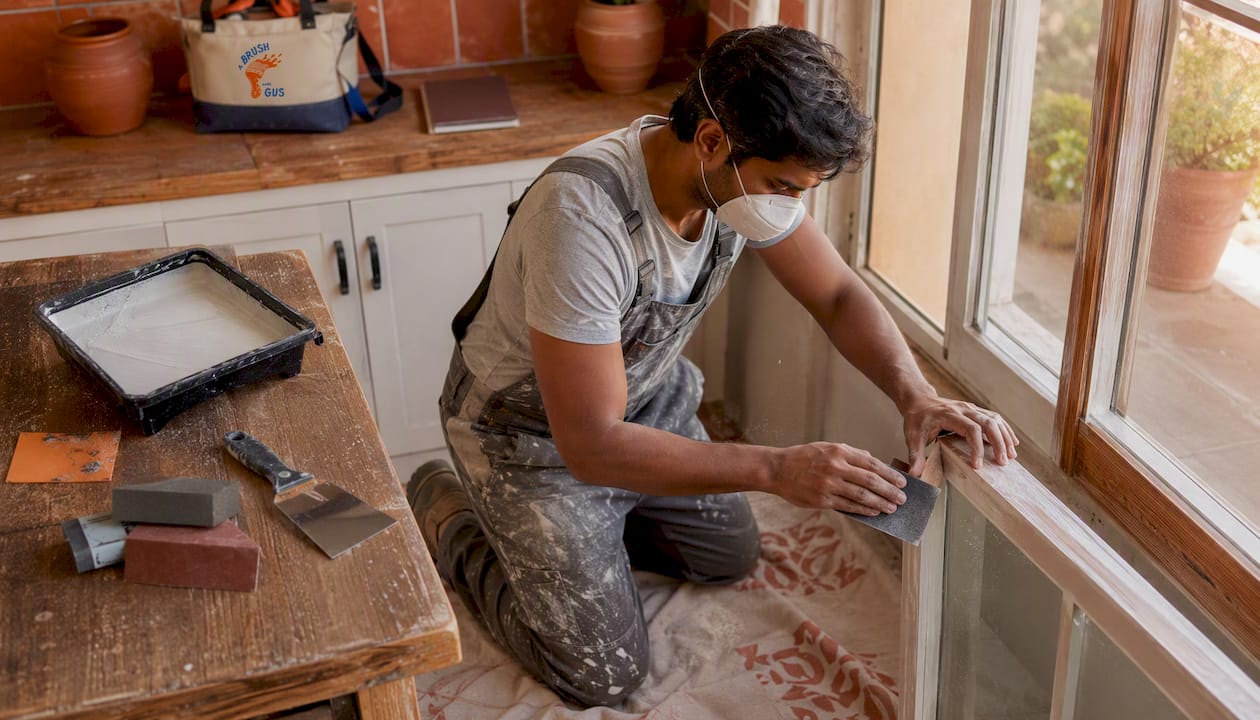 Painter sanding window frame for surface prep