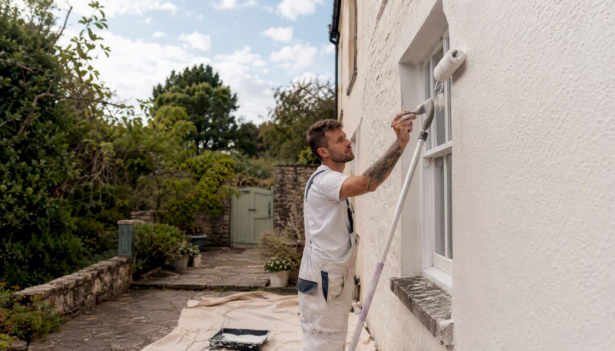 Painter using brush and roller on house exterior