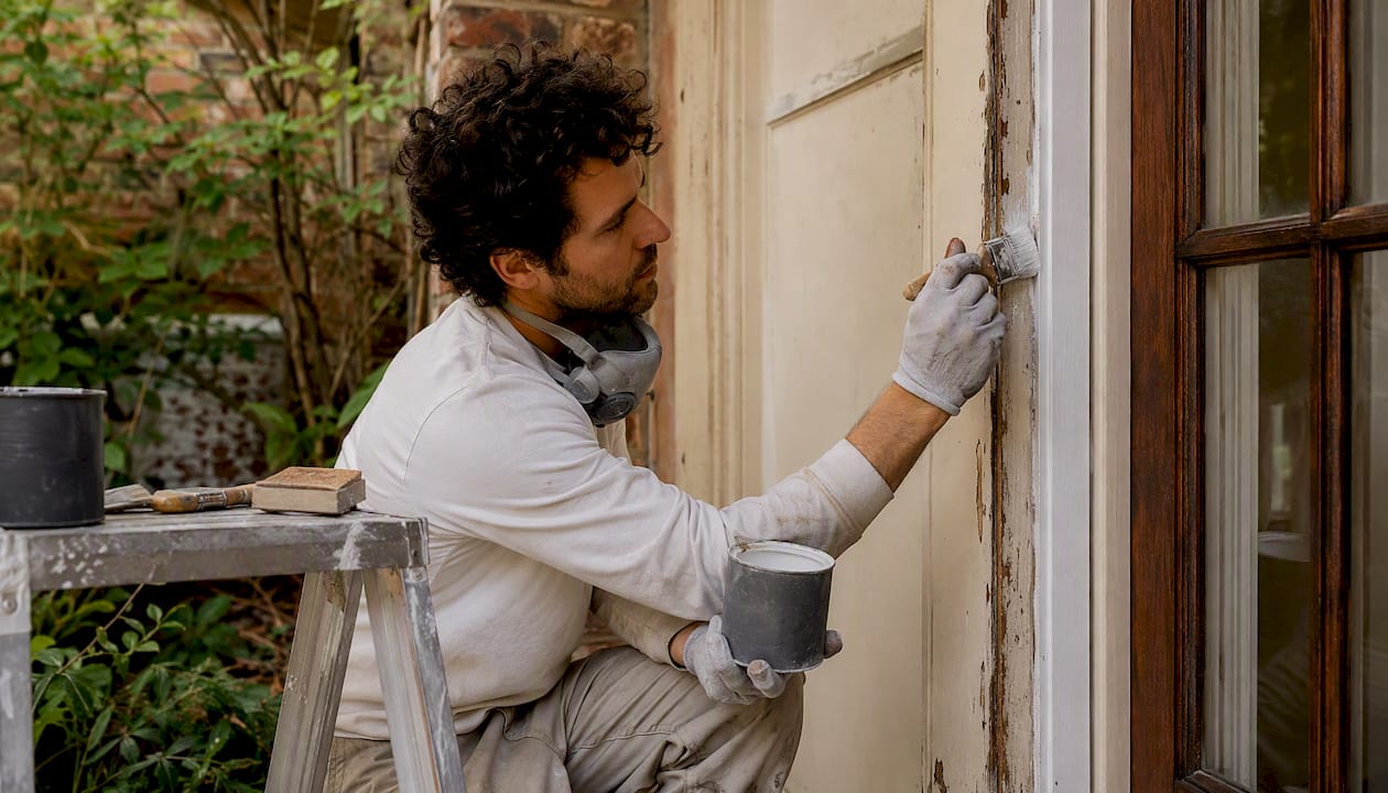 Painter sanding wooden window frame on house exterior