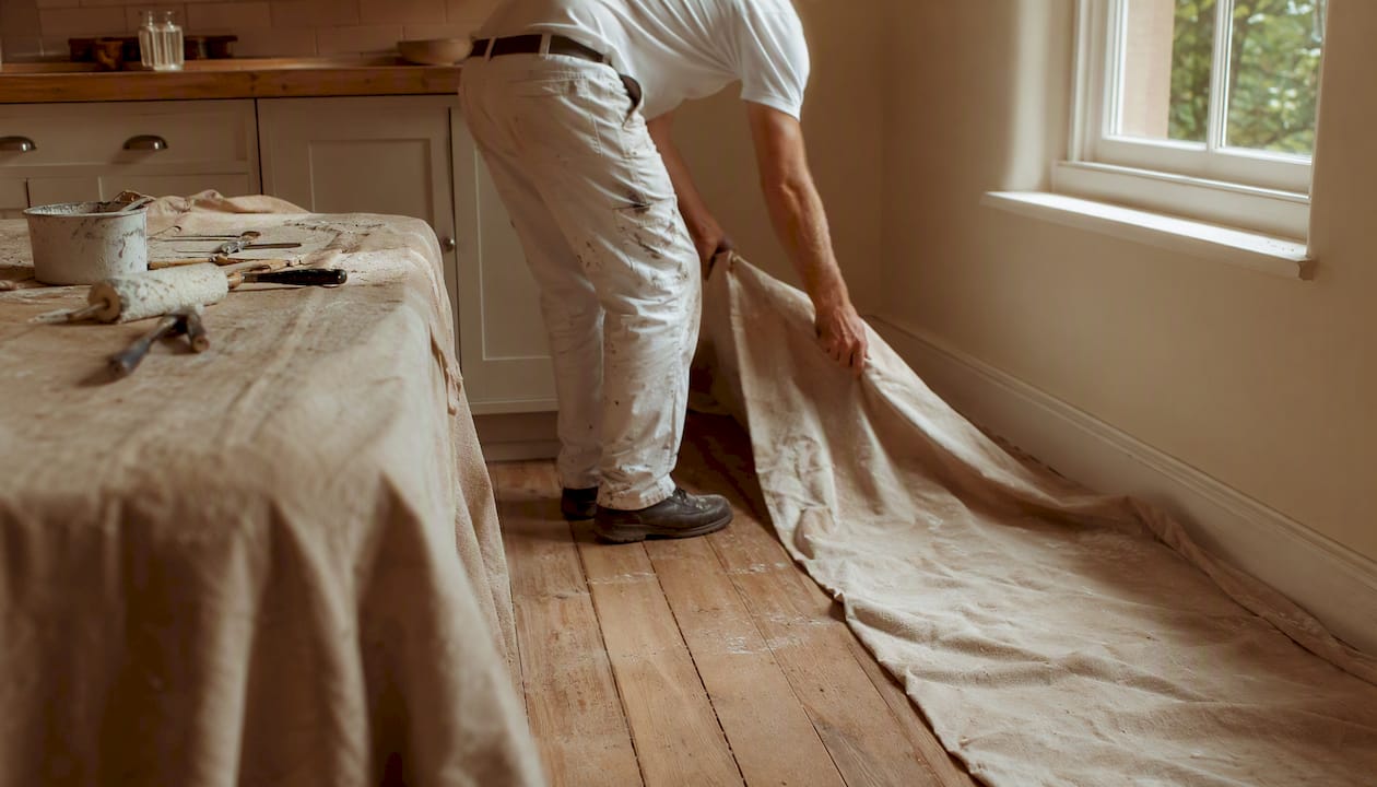 Painter laying dust sheets indoors