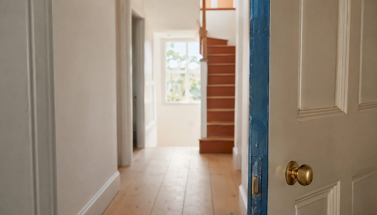 Painted door edge and stair risers in home