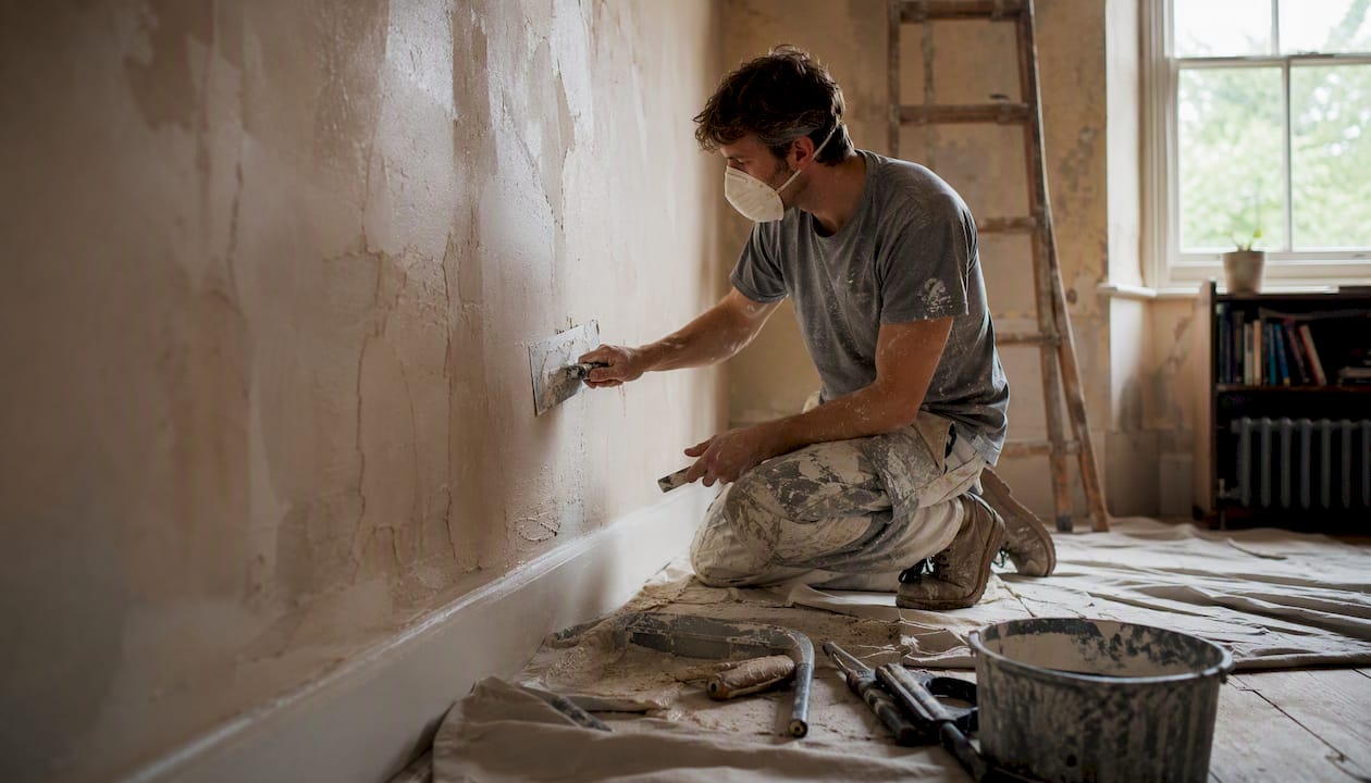 Decorator sanding and filling interior wall