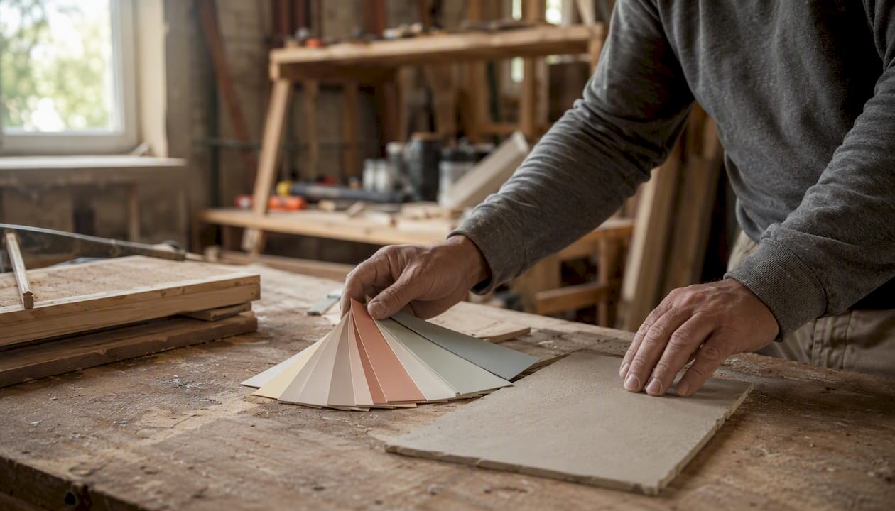 Decorator hands with color swatches on workbench